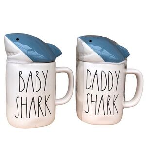 Rae Dunn Daddy Shark Baby Shark Blue Off White Set Of 2 Mugs With Toppers